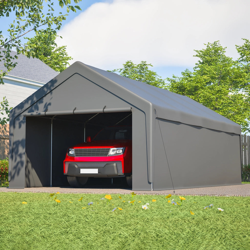 Carport 13'×25' in metallo grigio con telaio in acciaio zincato, pareti laterali rimovibili e finestre arrotolabili