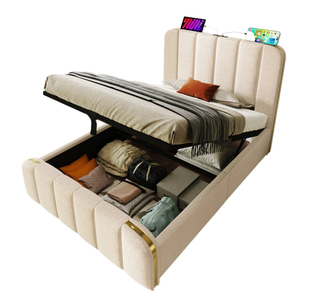 Letto singolo contenitore 90x200 beige in lino， testiera USB Type-C， materasso incluso
