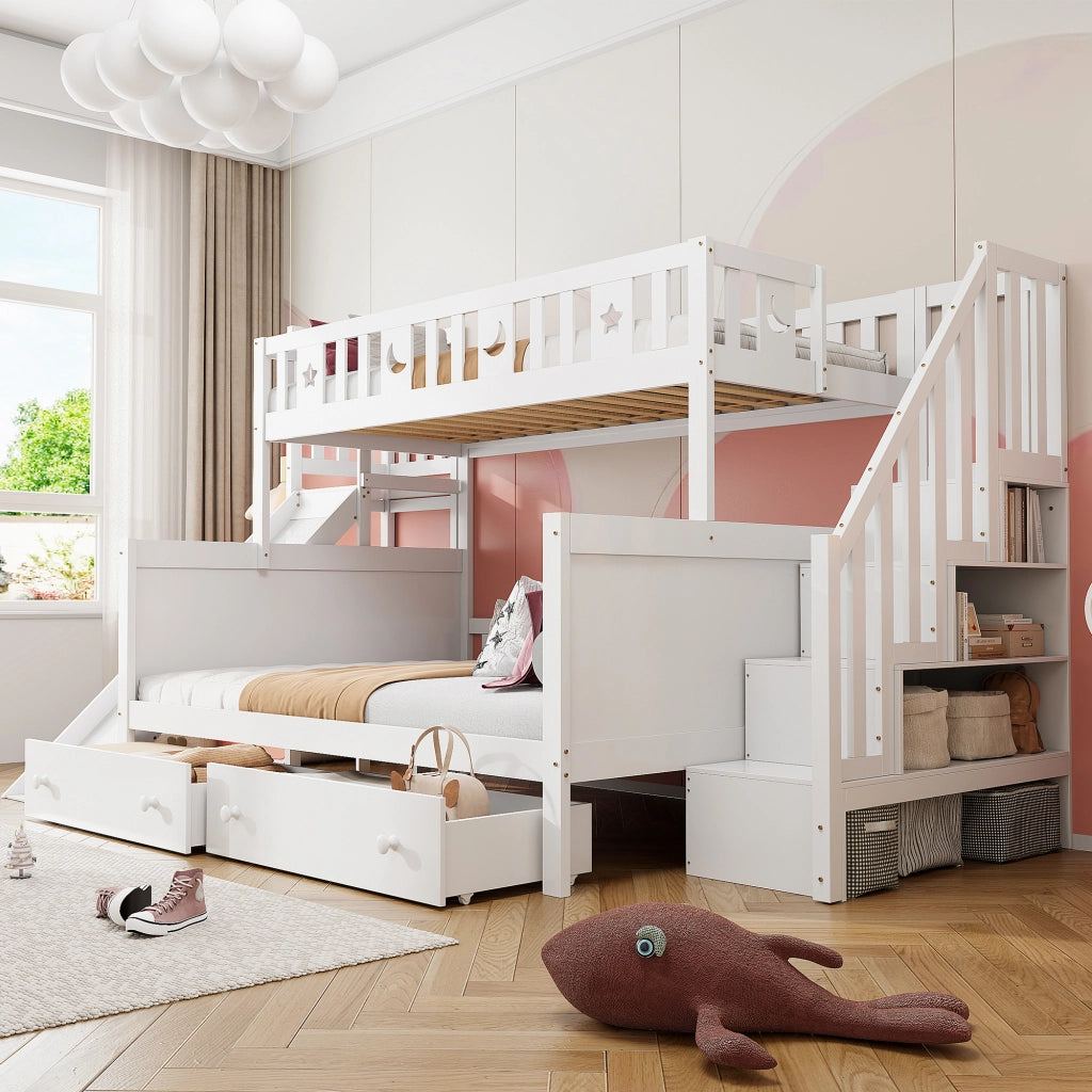 Letto a castello per bambini con scivolo, in legno bianco, con scala, 2 cassetti e rete a doghe, 90 x 200 / 140 x 200 cm