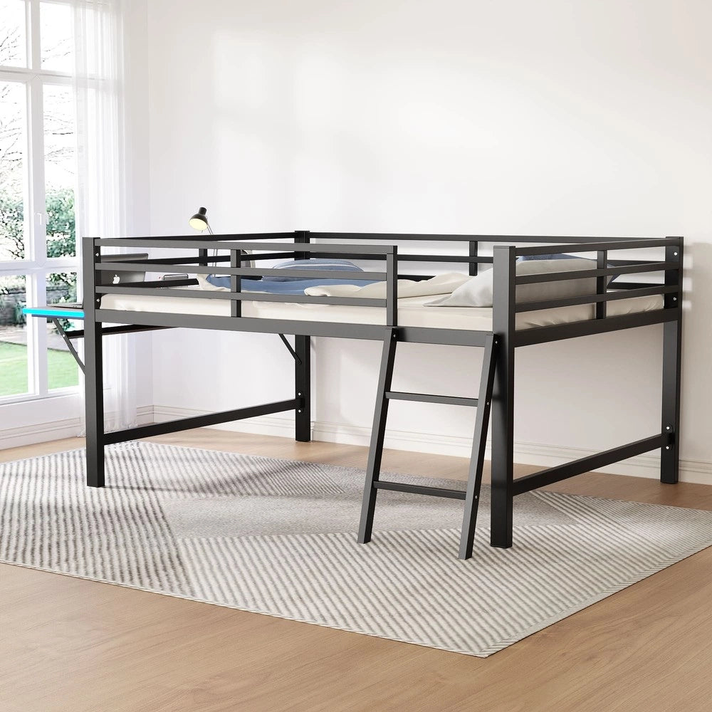 Letto a Soppalco con Scrivania e LED ¨C Xylo ¨C Metallo, Nero, 140x200