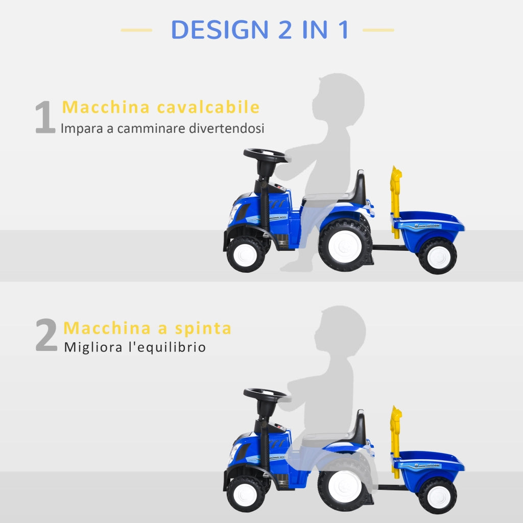 Trattore per Bambini Cavalcabile con Rimorchio, Rastrello e Pala, Gioco Educativo per Bimbi 12-36 Mesi, 91x29x44cm, Blu