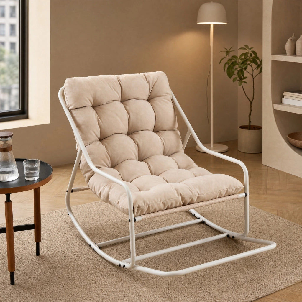 Poltrona a dondolo da esterno 75x116x82 cm in acciaio beige con cuscino imbottito