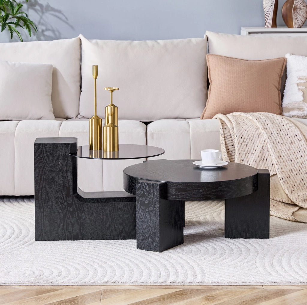 Set di tavolini da caffè separabili in MDF e vetro grigio
