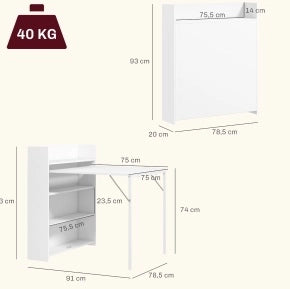 Tavolo da pranzo pieghevole ULEVR 78,5x91x93 cm con 3 ripiani interni e sistema antiribaltamento, bianco