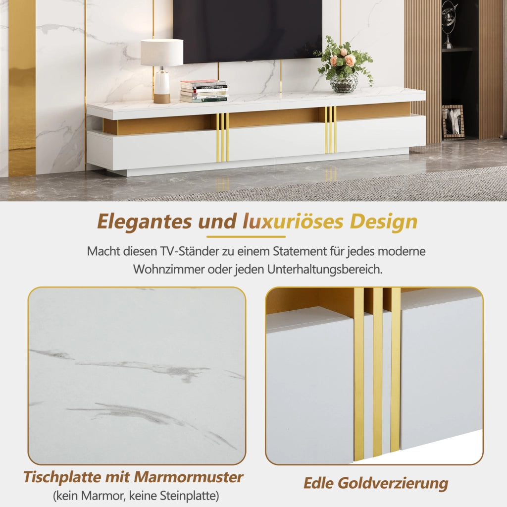 Mobile TV bianco 200 cm effetto marmo con 3 cassetti