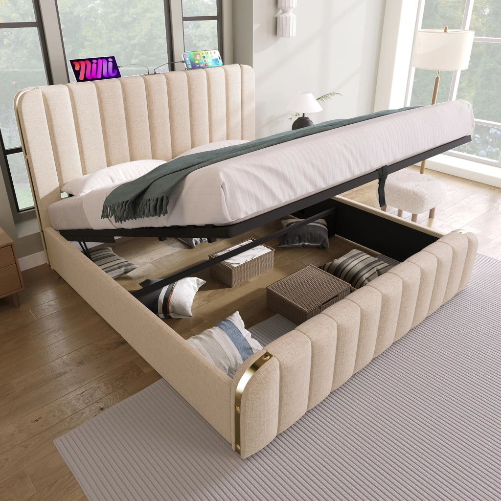 Letto contenitore 140 × 200 cm con materasso a molle; testiera imbottita USB e USB-C in lino beige