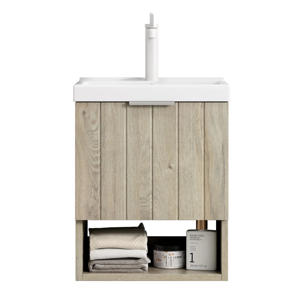 Mobile bagno 42 cm con lavabo in ceramica bianca, armadietto a doppia anta e ripiano aperto finitura rovere crema