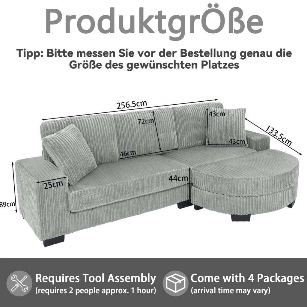 Divano angolare ULEVR 256,5x133,5x89 cm con pouf ovale reversibile, 2 cuscini, velluto a coste grigio