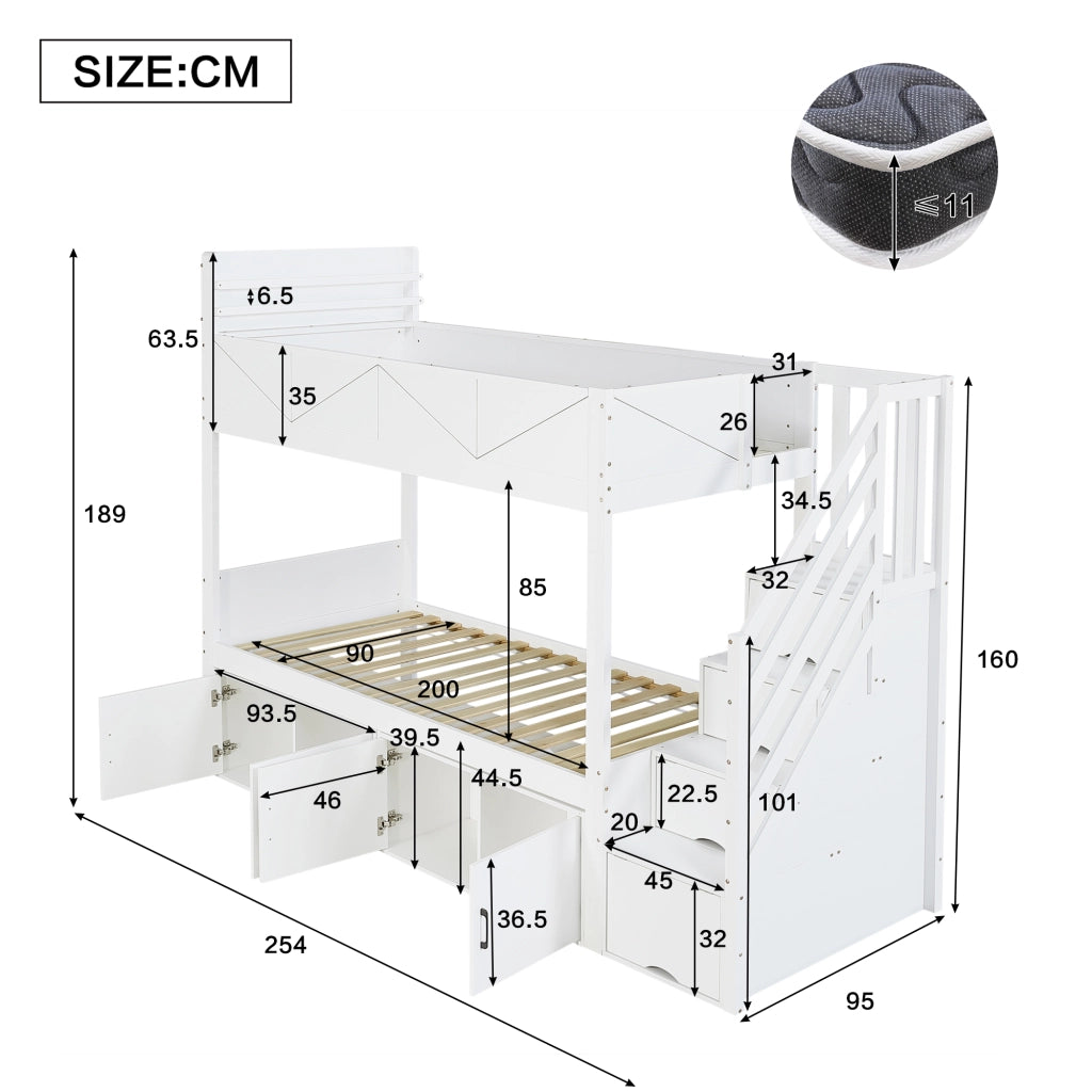Letto a castello 90 × 200 cm 2 posti con scala contenitore, vani chiusi e ripiano libri, senza materasso, bianco