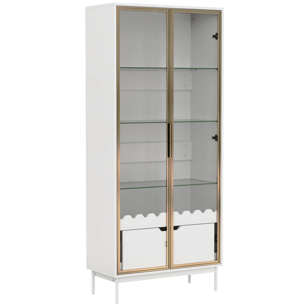 Mobile alto contenitore in MDF bianco e oro con ripiani regolabili e cassetto