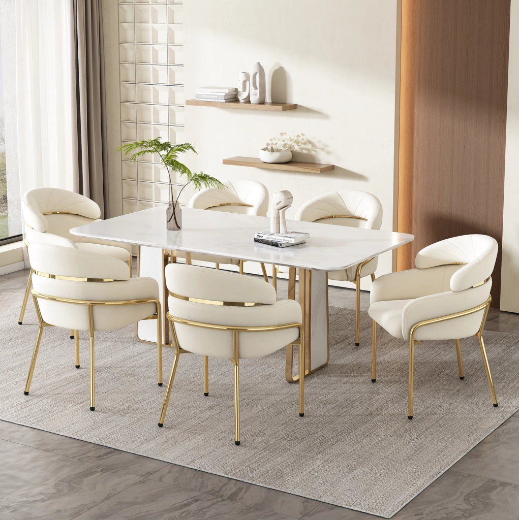 Set di 6 Sedie da Pranzo con Rivestimento in Velluto Beige e Gambe in Metallo