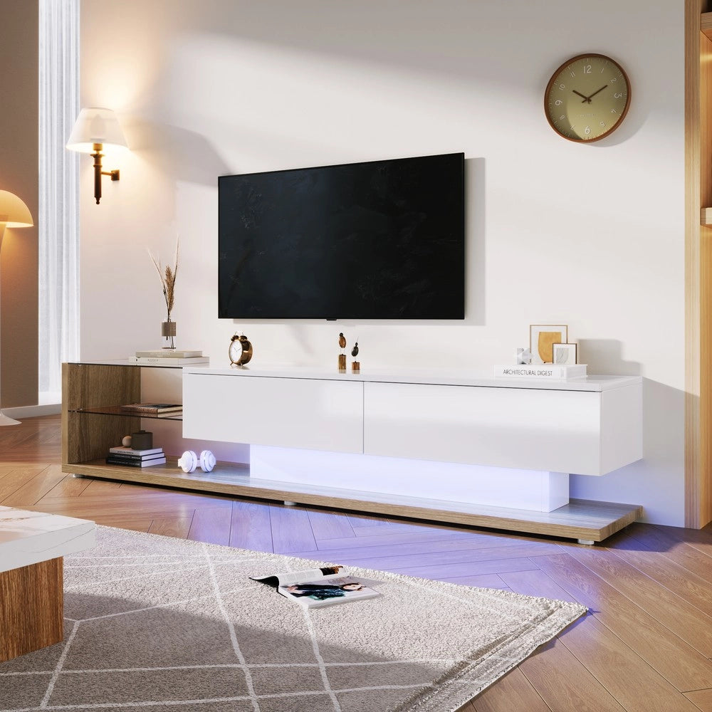 Mobile TV con LED ¨C Xylo ¨C Bianco Lucido e Legno con Ante in Vetro