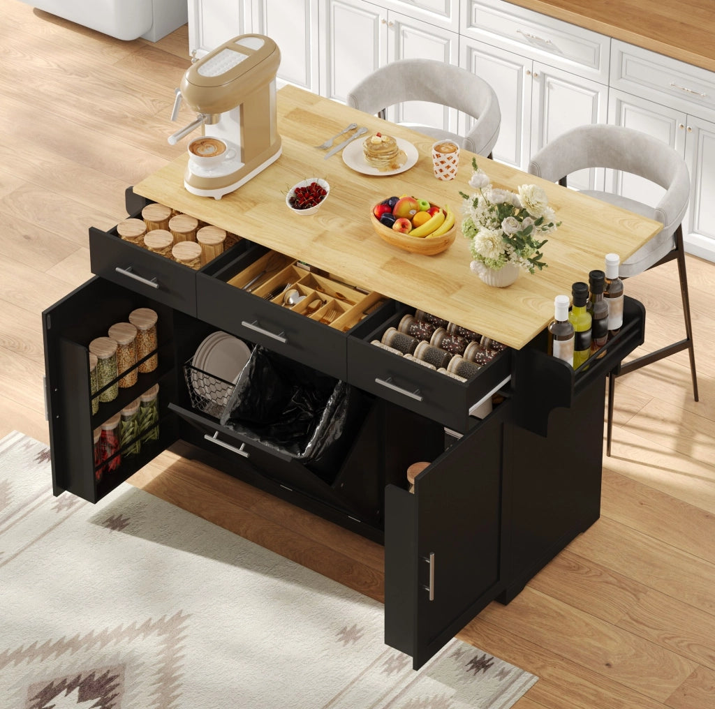 Isola da cucina mobile 136x50/75x92 cm con piano ribaltabile; prese USB; MDF nero/naturale