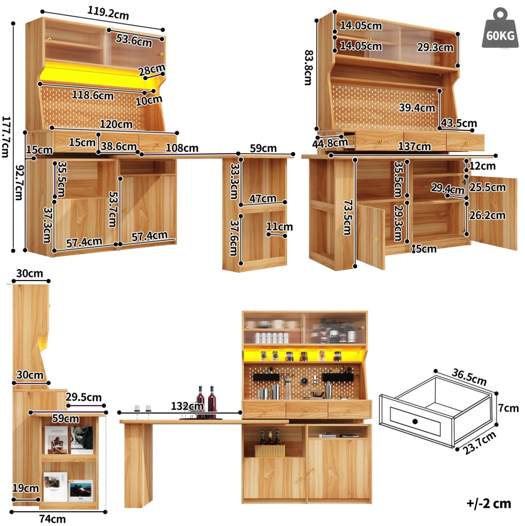 Mobile multiuso con scrivania e LED, armadio alto con ante in vetro, mensole regolabili e pannello a parete, colore legno naturale, 137x74x177,7 cm