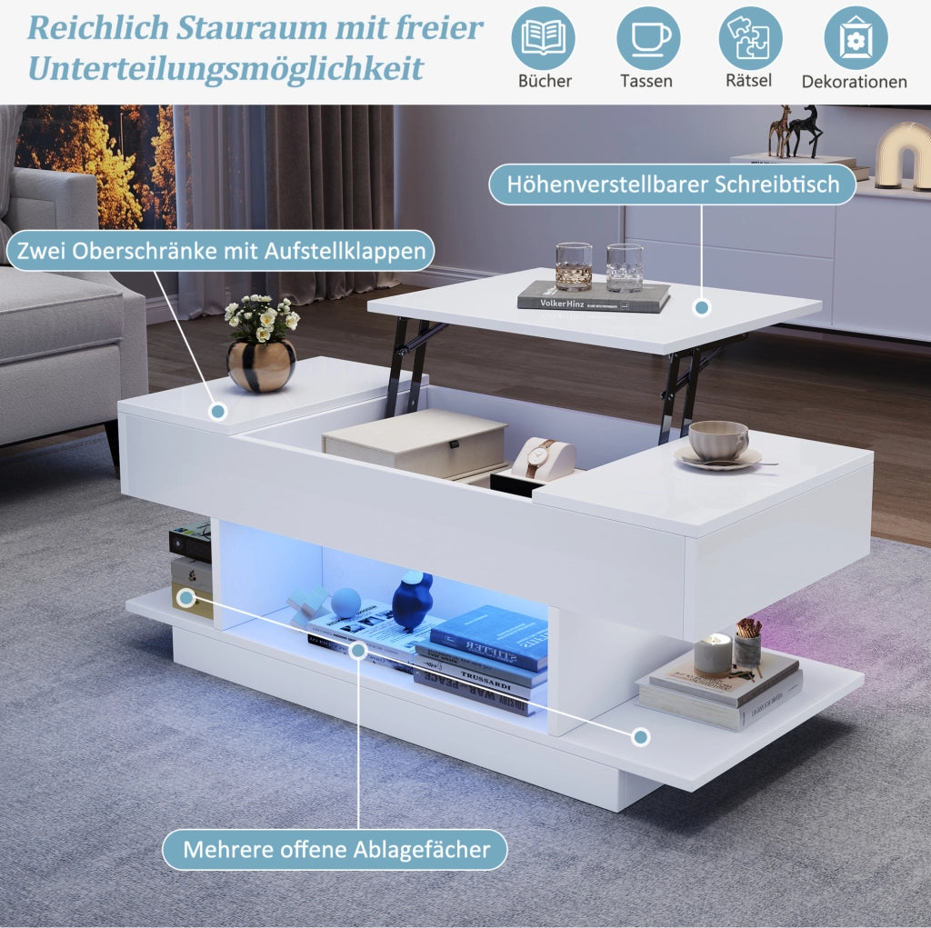 Tavolino elevabile bianco con luci LED e contenitore