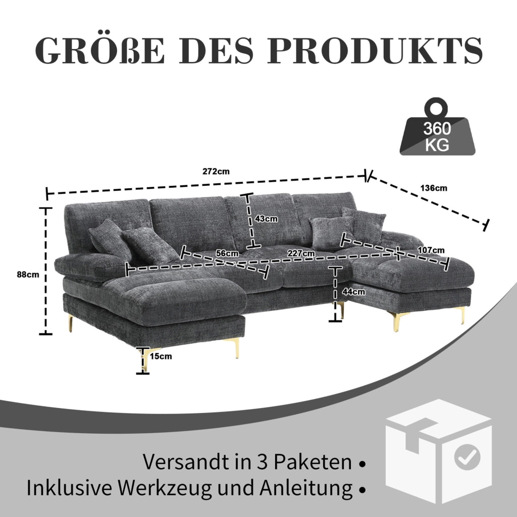 Divano modulare moderno a forma di U in chenille con doppie sedute reclinabili, struttura in legno e piedi in metallo dorato, 272x136x88 cm