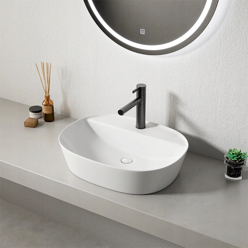 Lavabo da appoggio bianco con foro per rubinetto, ovale in ceramica, 50 x 38 cm