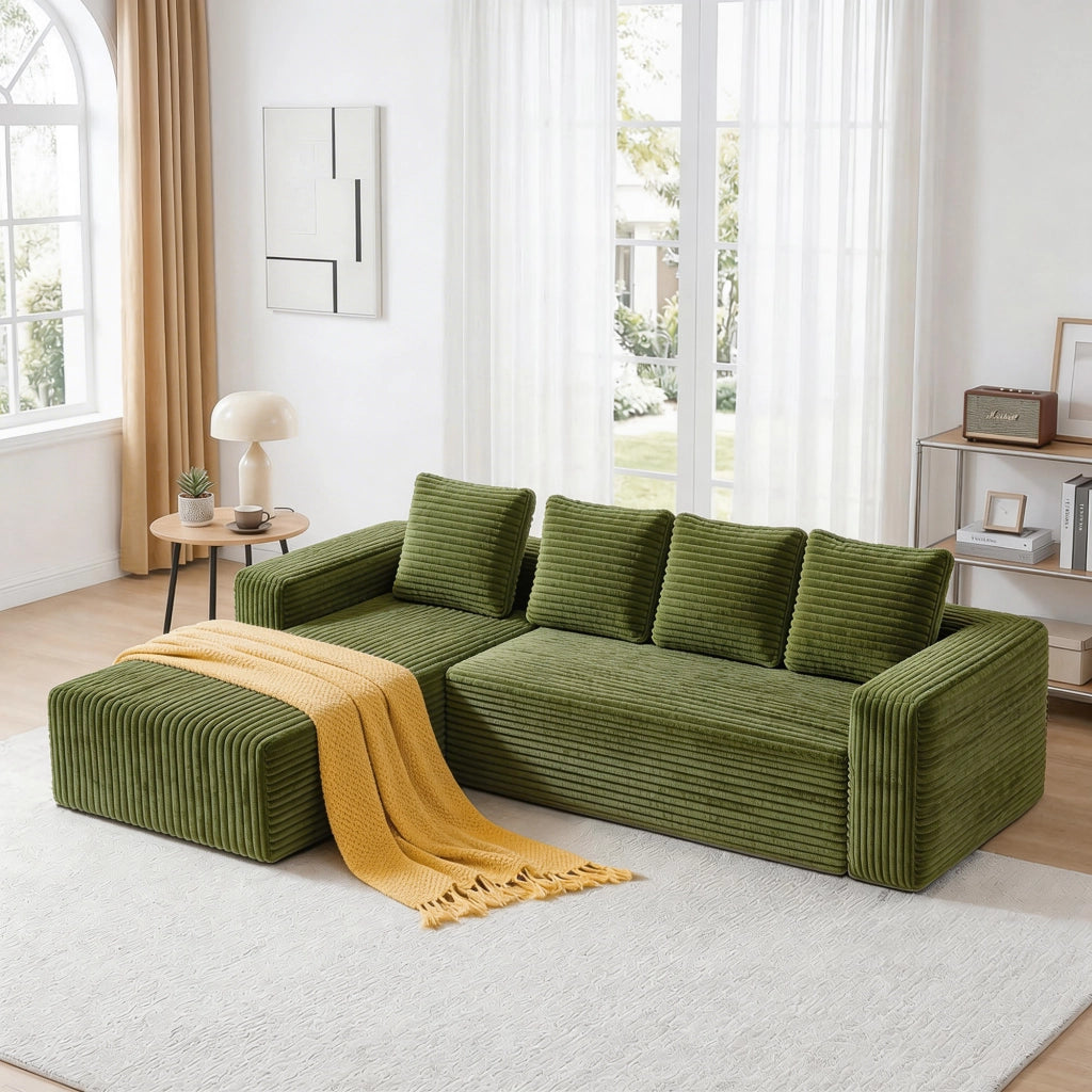 Divano modulare a L in velluto a coste verde con chaise longue, 2 elementi