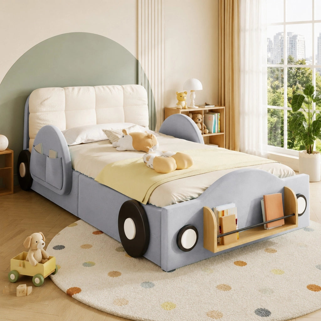 Letto contenitore 90 × 200 cm con vano idraulico tasche laterali libreria e cuscino imbottito in flanella grigio