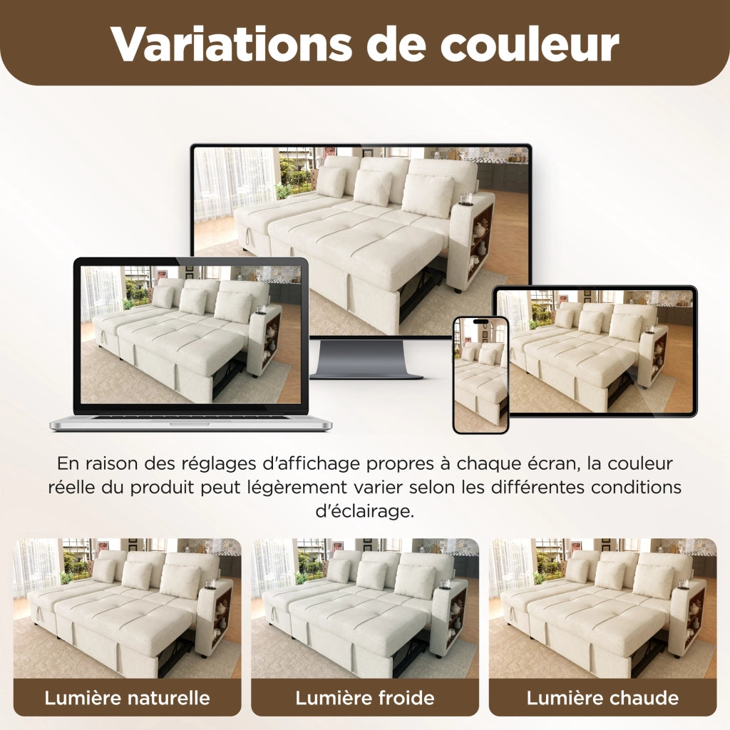 Divano letto 3 posti estraibile con vano contenitore, portabicchieri e ripiano in ciniglia beige chiaro
