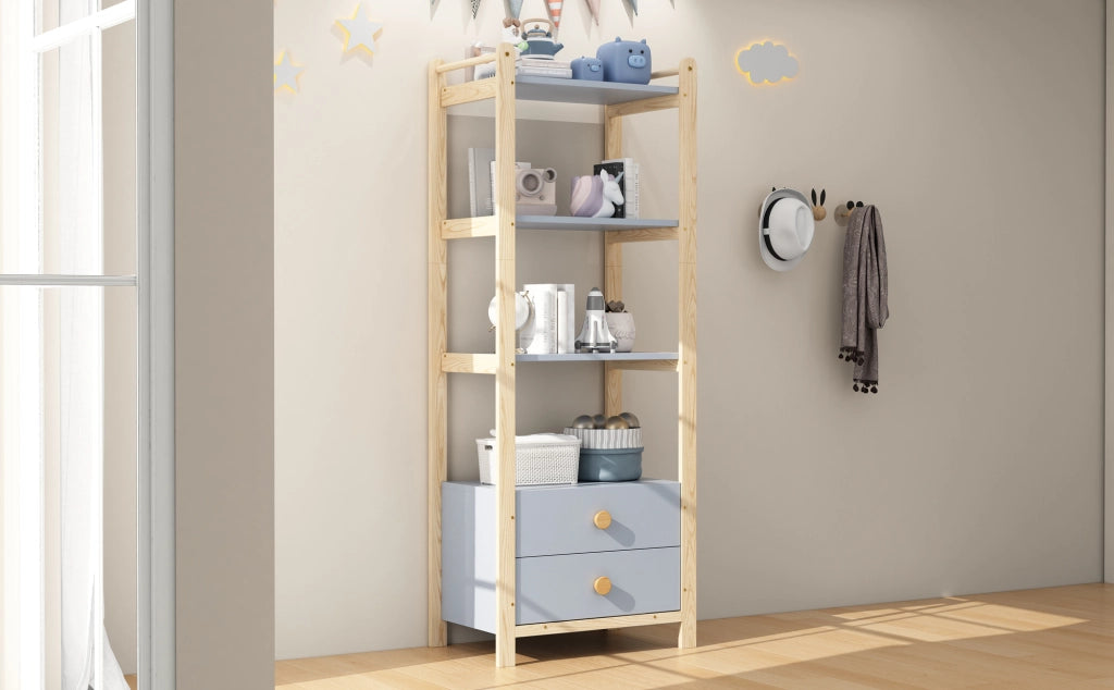 LIBRERIA 4 ripiani 2 cassetti 70x44x180 cm blu e legno
