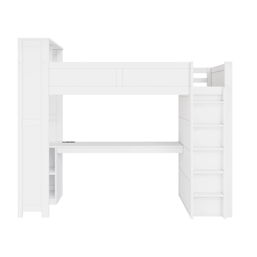 Letto a soppalco 90x200 con scrivania; armadio e illuminazione LED; bianco