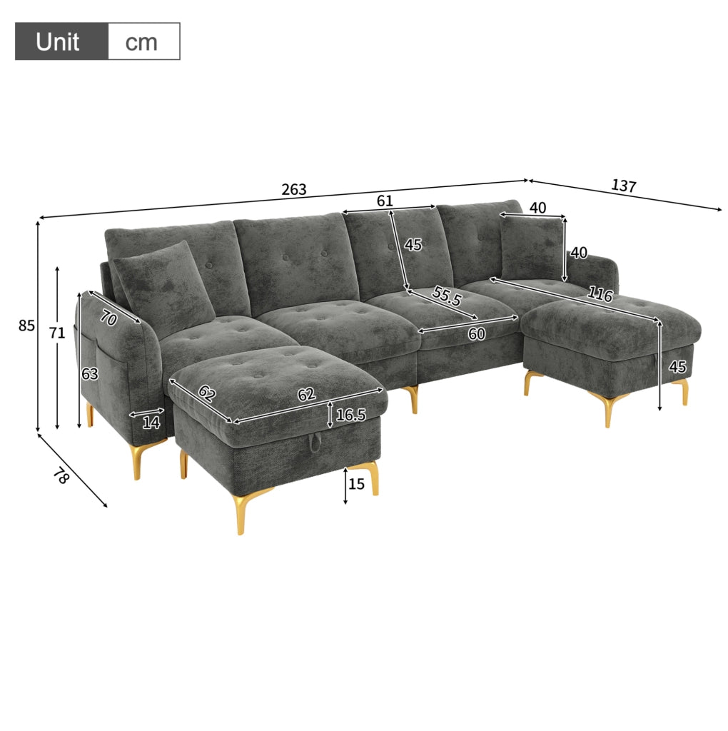 Divano modulare a U 4 posti con 2 pouf contenitori e 2 cuscini decorativi, dimensioni totali 263×137×85 cm, grigio