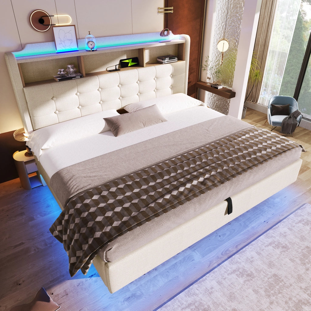 Letto matrimoniale 180 × 200 cm 2 posti con contenitore idraulico; LED; USB e Type-C; senza materasso; beige