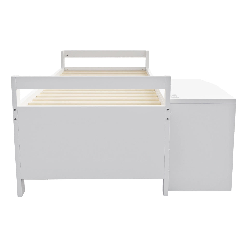 Letto per bambini in legno 90 x 200 cm con scomparti e scrivania con prese standard europeo, letto singolo - Bianco