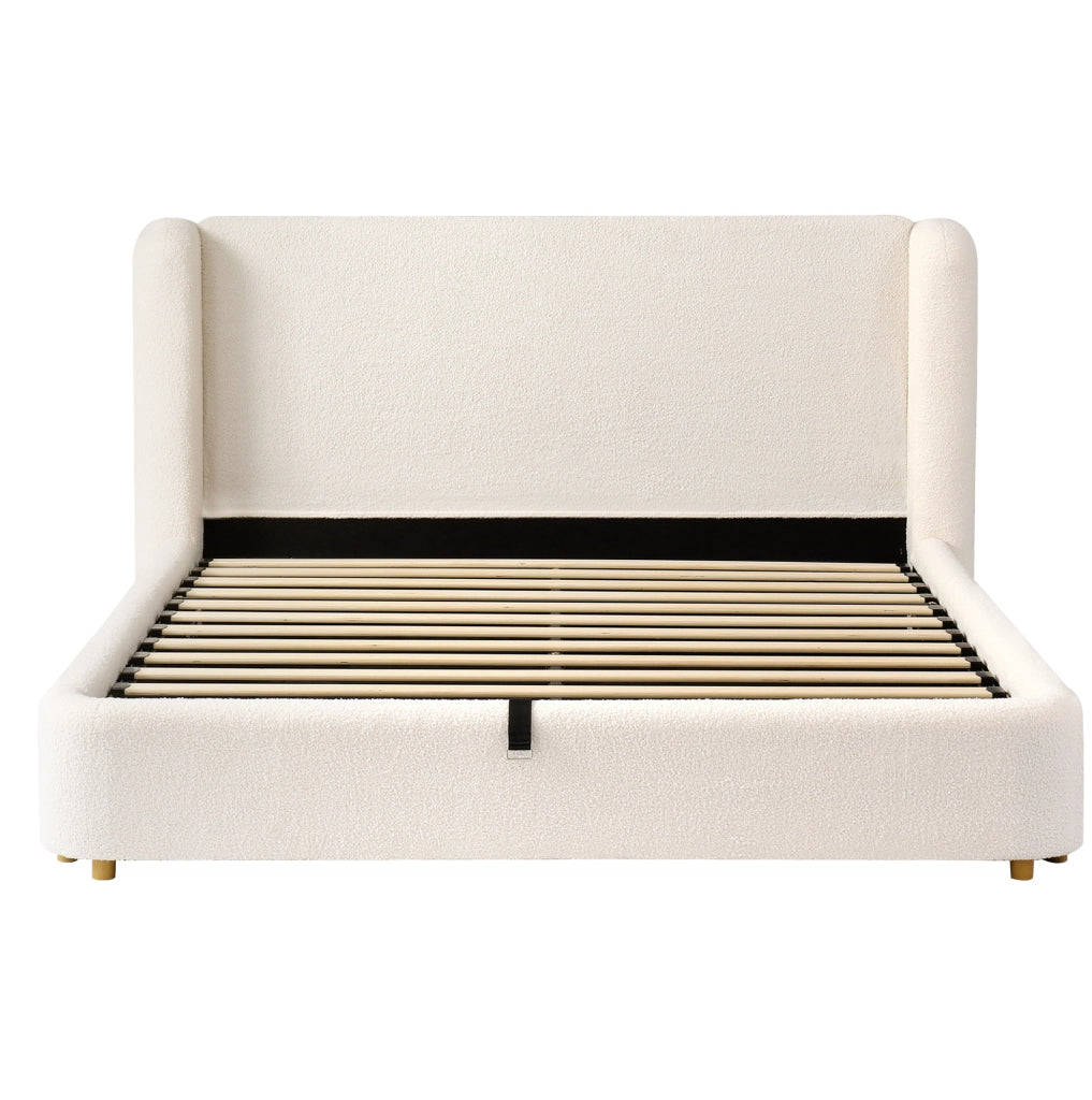 Letto matrimoniale contenitore 140x190 cm in bouclé beige con rete a doghe HOMVRA