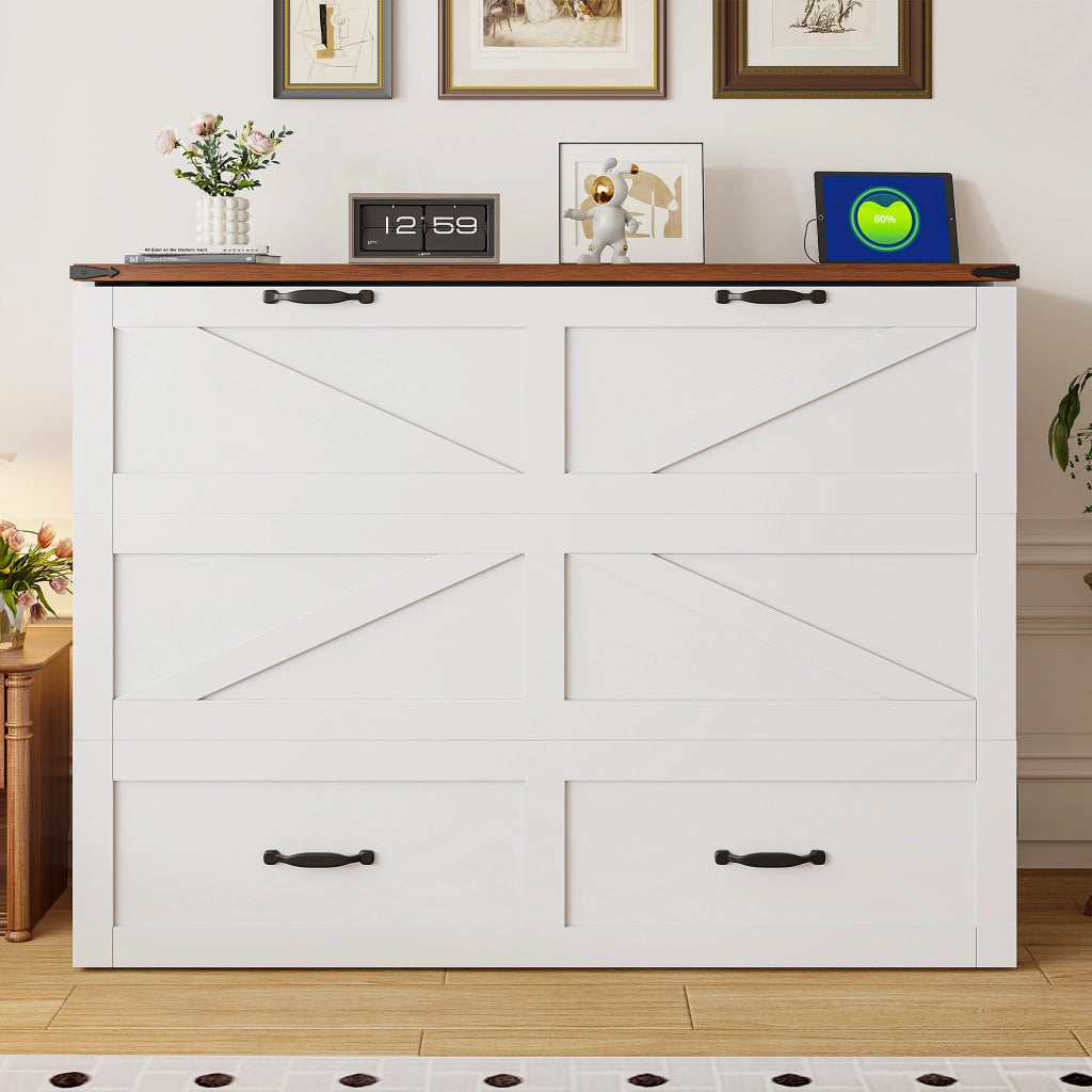 Letto a scomparsa 140 × 200 cm estraibile con presa europea e ruote silenziose in metallo e legno bianco