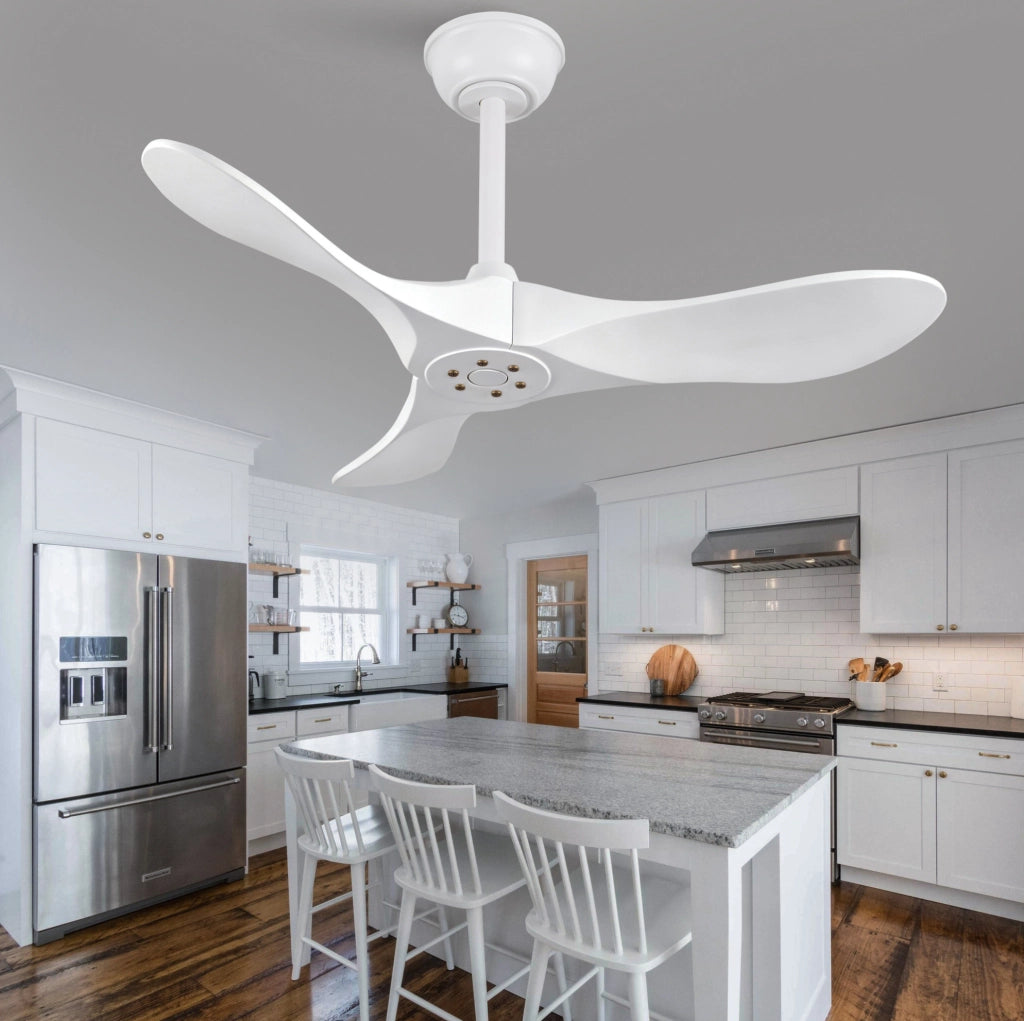 Ventilatore da soffitto 36" bianco con 3 pale in legno massello, telecomando, 6 velocità reversibili e funzione memoria velocità