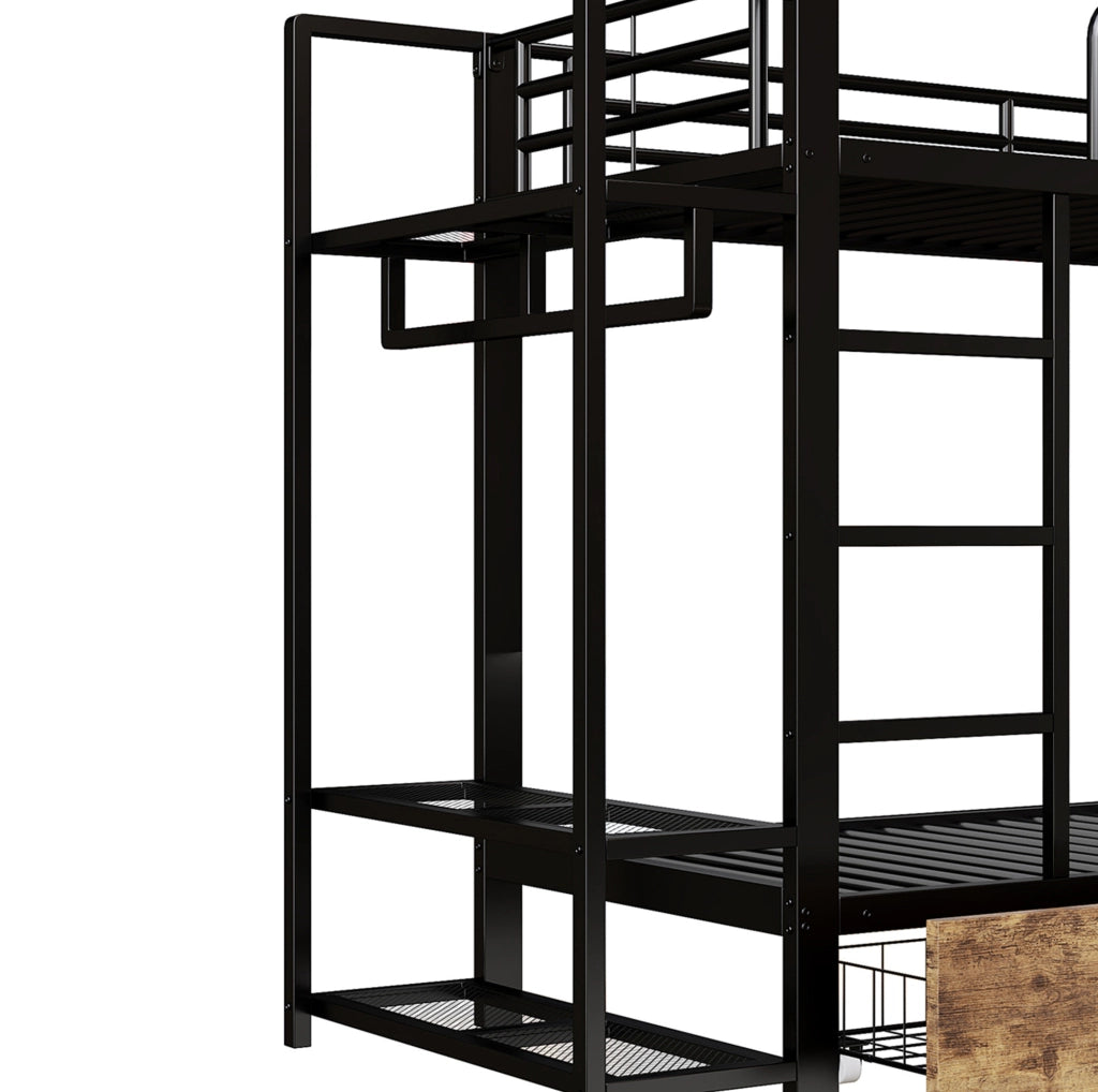 Letto a castello 90x200 cm con LED, 2 cassetti e ripiani in metallo e MDF nero