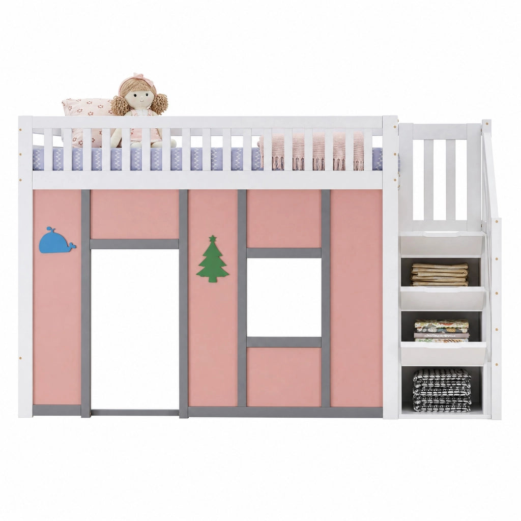 Letto a soppalco per bambini 90 × 200 cm con scala contenitore, LED, pino e MDF, bianco e rosa