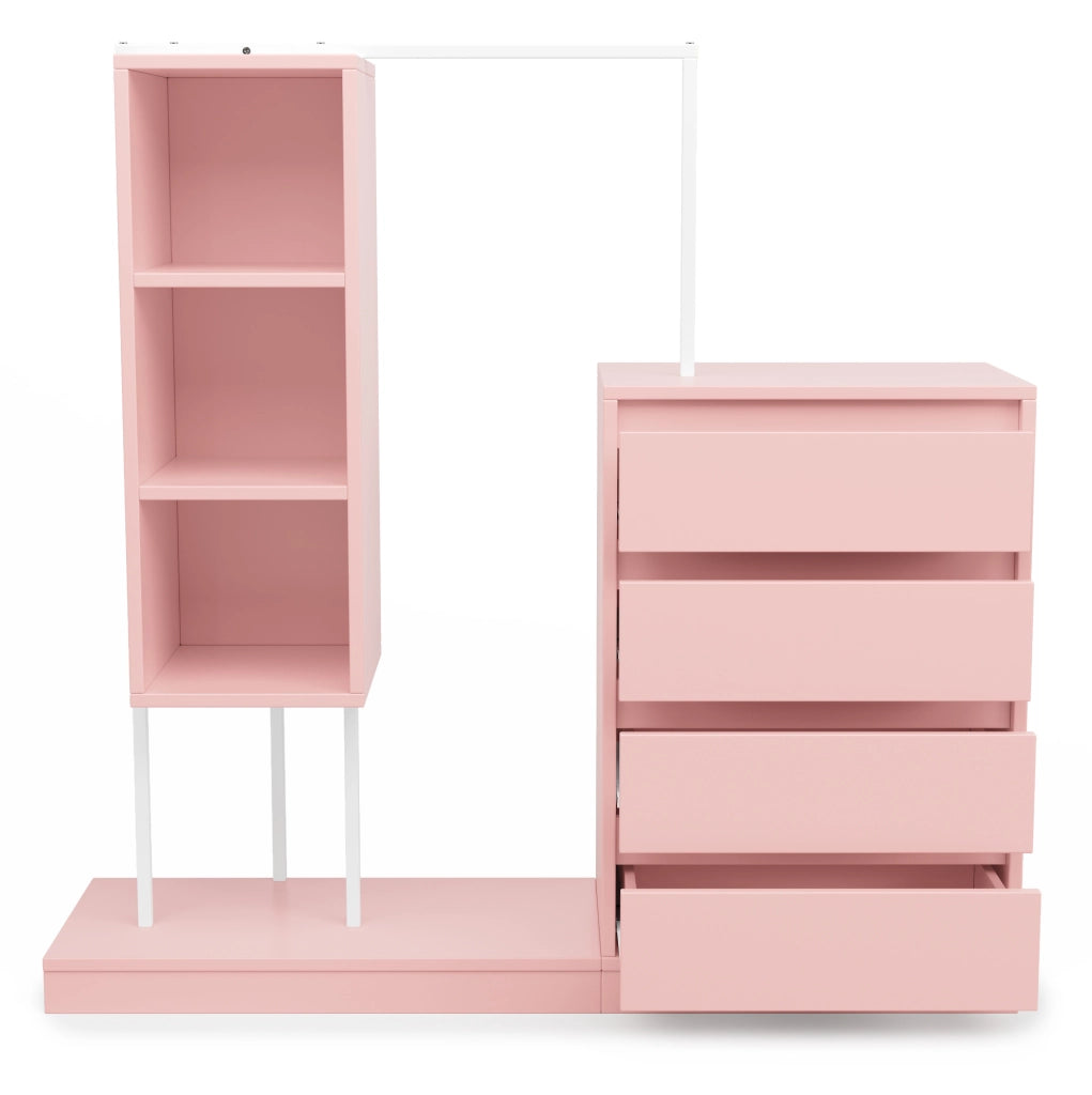 Mobile con 4 cassetti, scaffali aperti e barra appendiabiti, in rosa e bianco, 140x40x135 cm