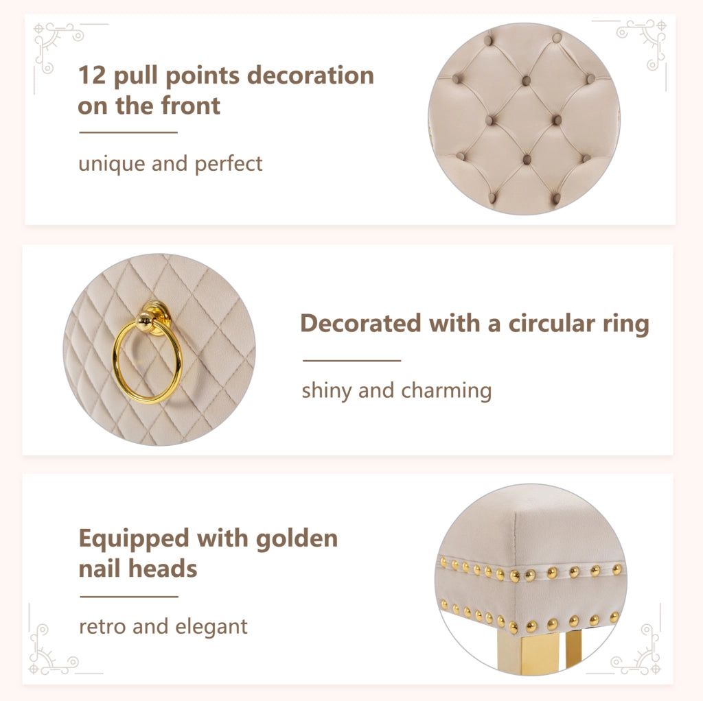 Sedia da pranzo in velluto beige con schienale decorato a forma di battacchio, gambe in acciaio inox dorato, 50,5x45x95 cm