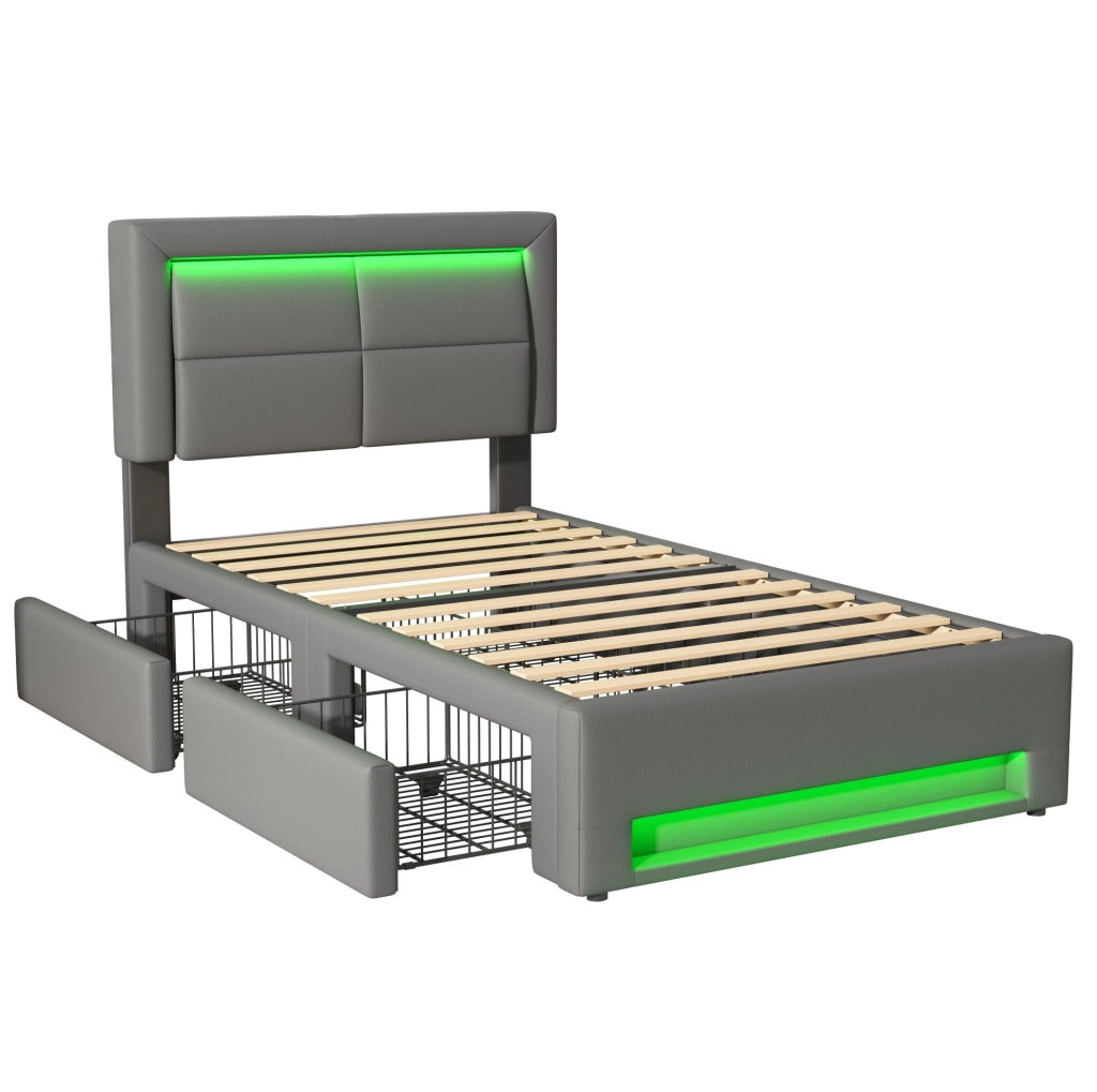 Letto imbottito 90x200 cm con USB; LED e 4 cassetti; PU grigio