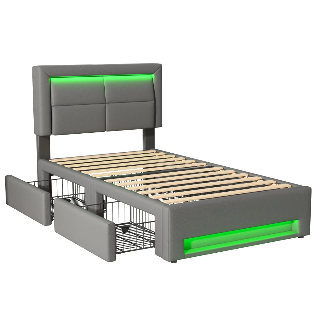 Letto imbottito con USB, LED e 4 cassetti, 90x200 cm, grigio