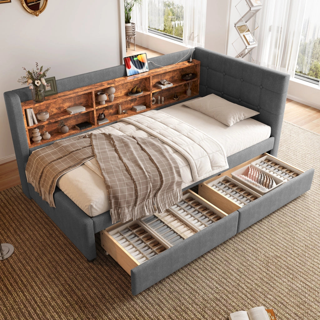 Letto 90x200 cm con 2 cassetti e USB; Type C in lino