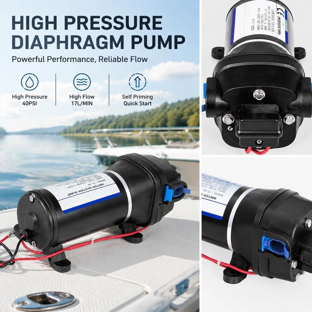High-pressure Diaphragm Water Pump 12V, High-pressure Water Pump 17 L/min, Self-priming Diaphragm Pump 2m, 3-chamber Diaphragm, Diaphragm Pump With Thermal Insulation, For Automotive, Marine, And Motorhome Applications