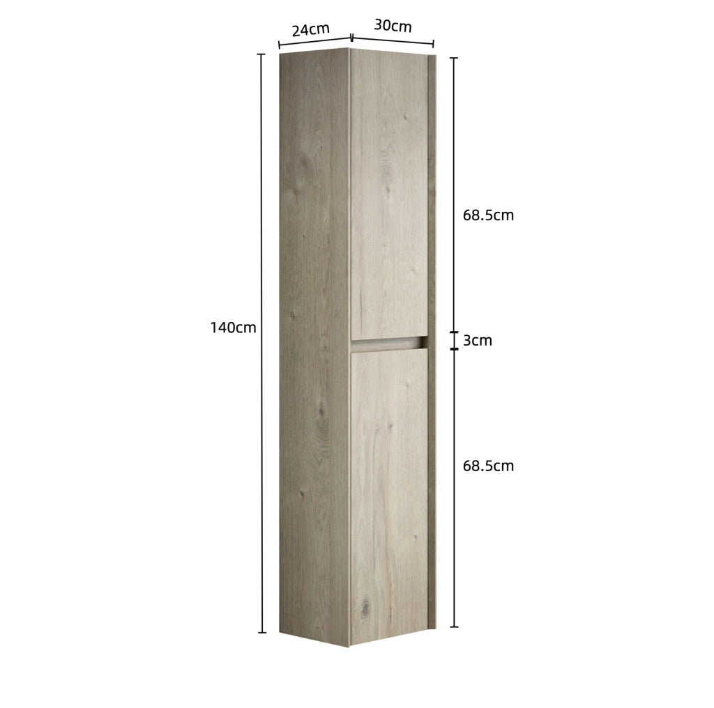 Mobiletto da bagno alto 140 cm con 2 ante, armadietto sottile in legno impiallacciato color crema effetto quercia per spazi piccoli