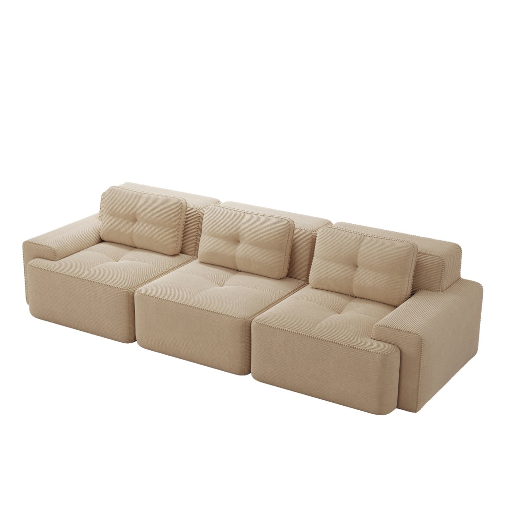 Divano modulare angolare 3 posti con seduta profonda 74 cm, base antiscivolo e braccioli larghi in tessuto a coste beige