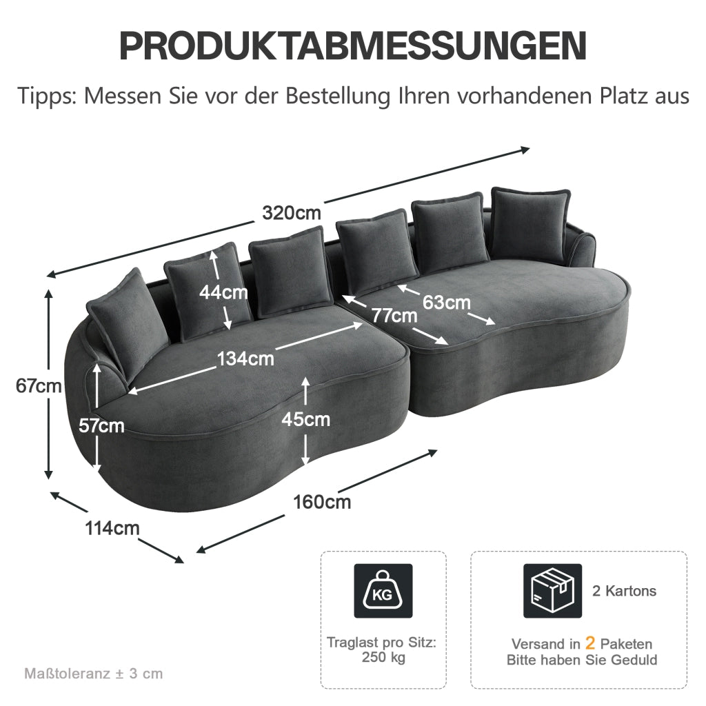 Divano con chaise longue senza telaio in tessuto di ciniglia grigio con seduta profonda e cuscini inclusi