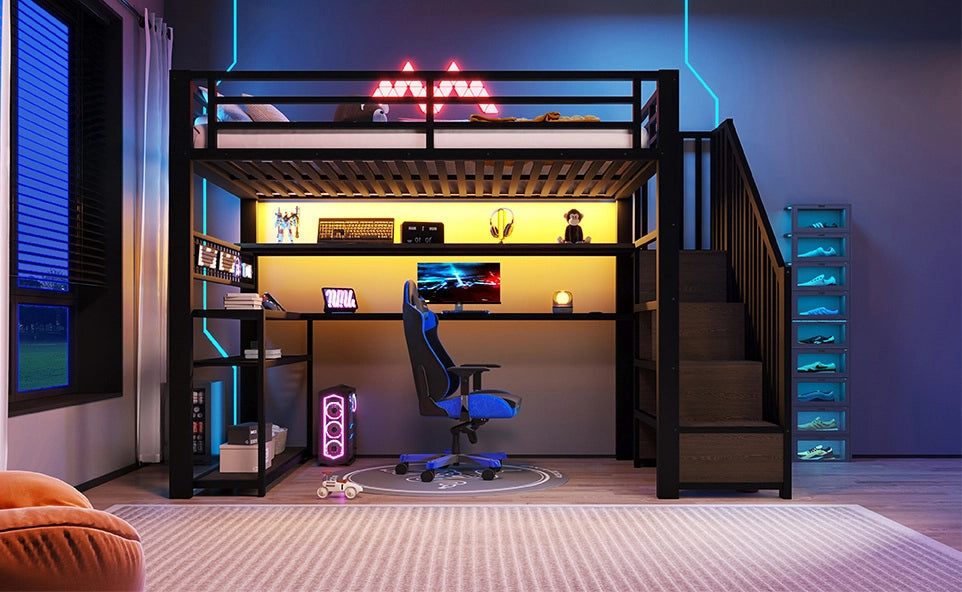 Letto a soppalco in metallo 90x200 cm con LED RGB, armadio, scrivania e spazio contenitivo, nero