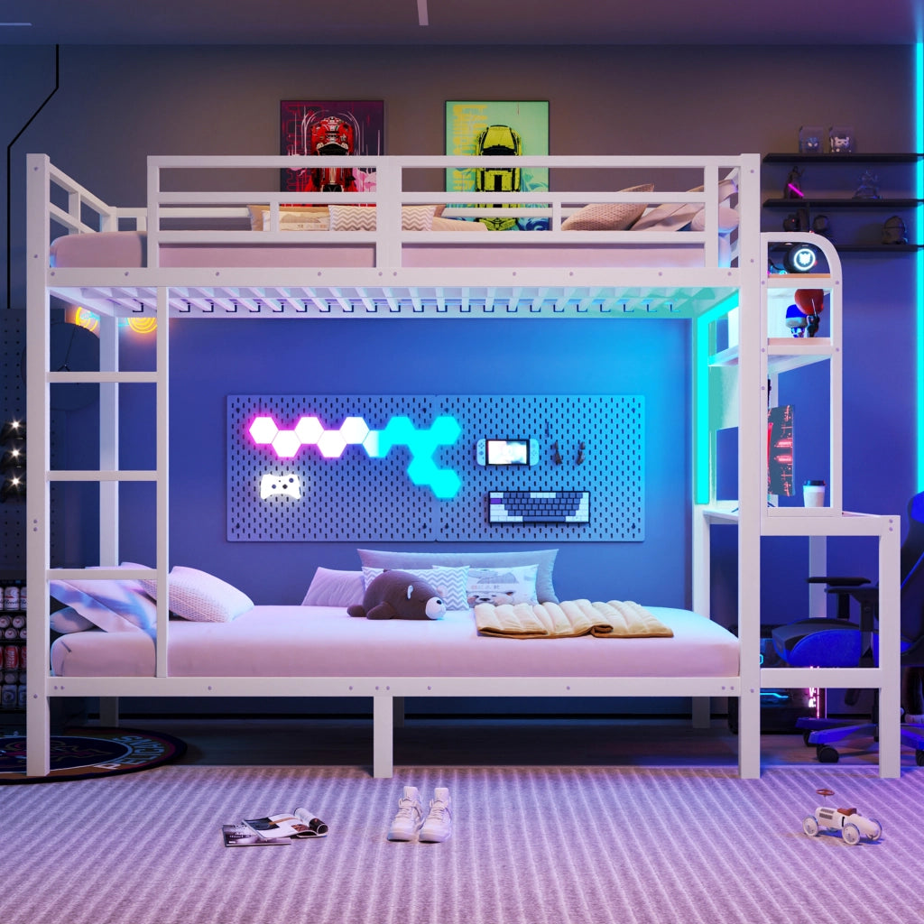 Letto a castello 90 × 200 cm con scrivania LED USB in metallo e MDF bianco con ripiani e scala