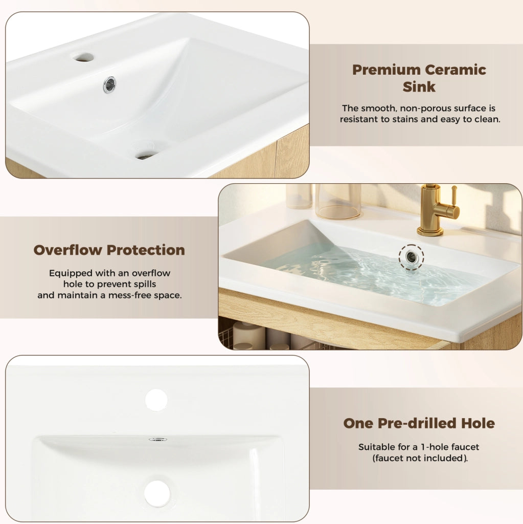 Mobile bagno 61cm con lavabo in ceramica, ante in rattan traspirante e struttura in MDF effetto legno naturale