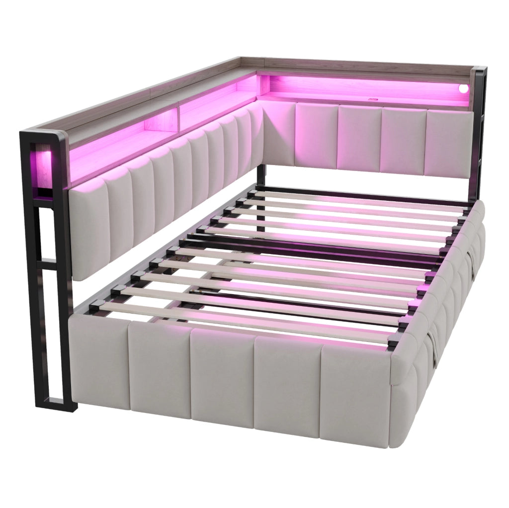 Divano letto estraibile 90x200 cm in velluto grigio chiaro con LED e USB-C