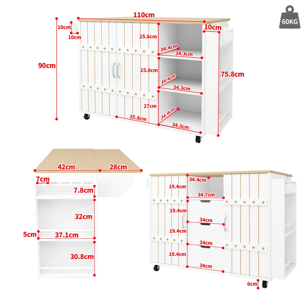 Carrello da cucina con piano ribaltabile 3 cassetti ante scorrevoli ripiano laterale MDF bianco 110 × 42 × 90 cm
