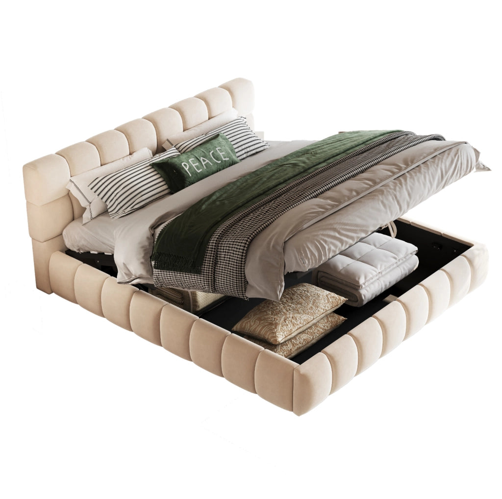 Letto matrimoniale imbottito 140x190 cm in velluto beige con contenitore idraulico