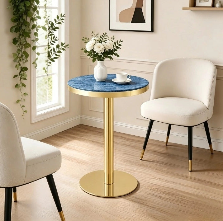 Tavolino rotondo Ø60 cm effetto marmo blu con bordo oro